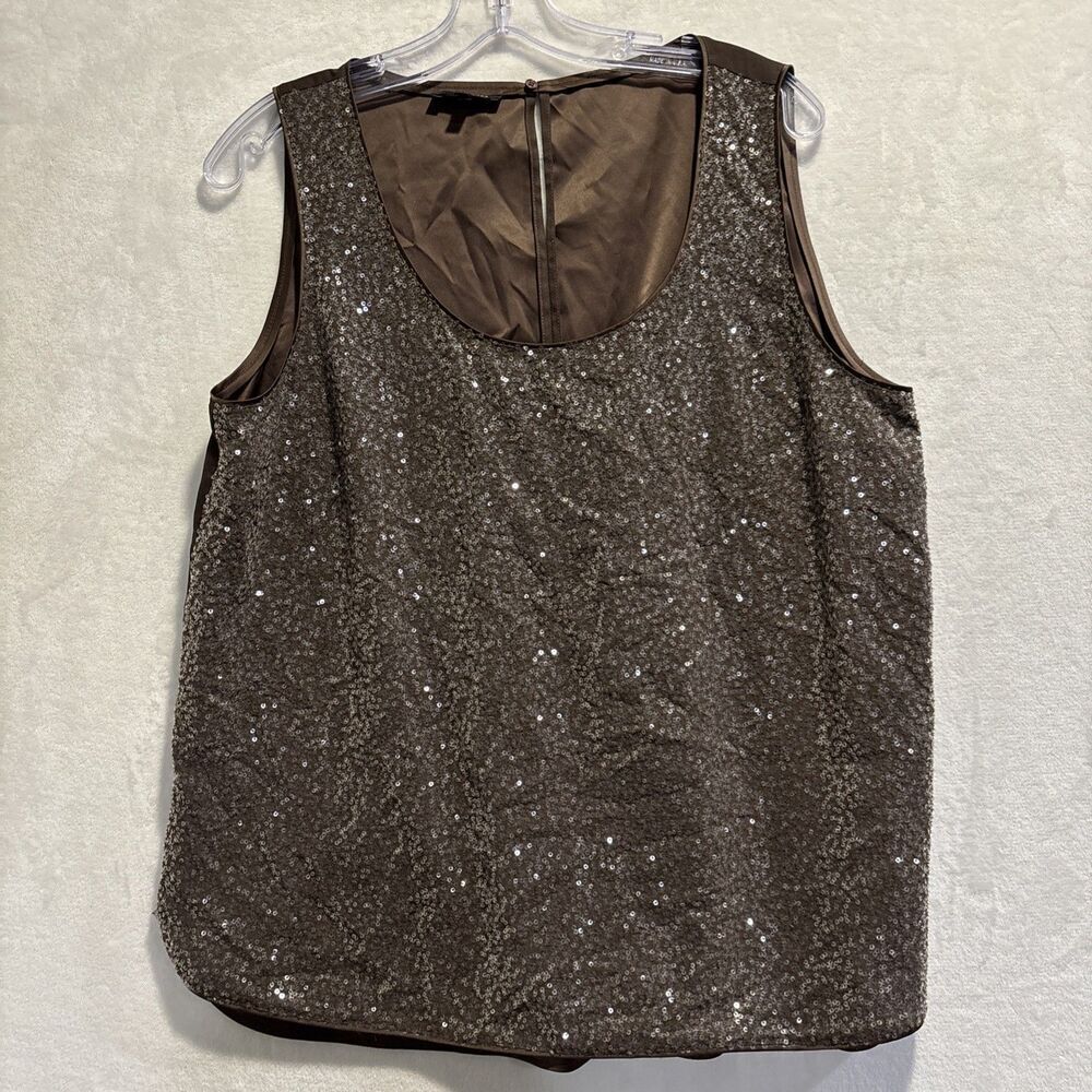 Lafayette 148 Women's Brown Sequin Silk Sleeveless Tank Top Size Large Holiday